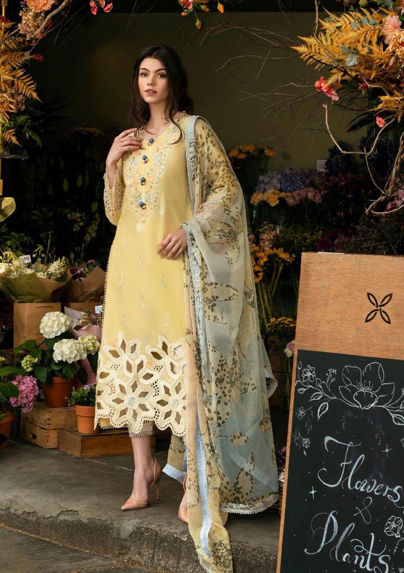 3PC Elegance in Bloom: Pastel Yellow Embroidered Kurta with Floral Cutwork Hem