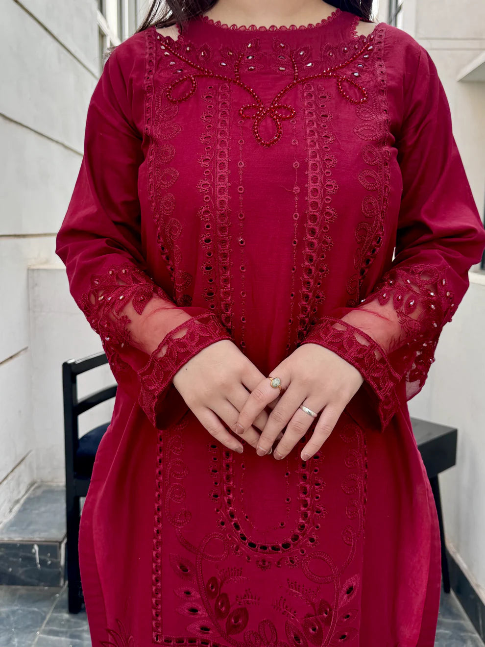 UMS-188 Embroidered Maroon Kurta Set