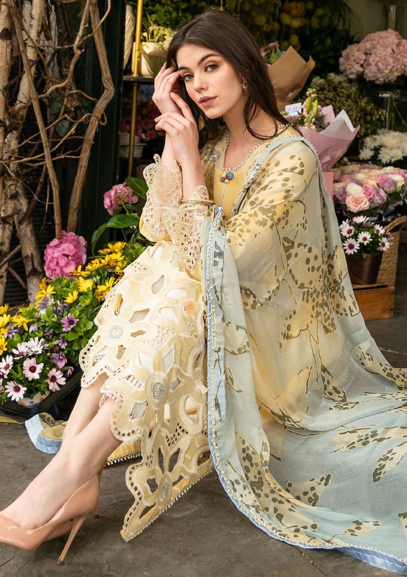 3PC Elegance in Bloom: Pastel Yellow Embroidered Kurta with Floral Cutwork Hem