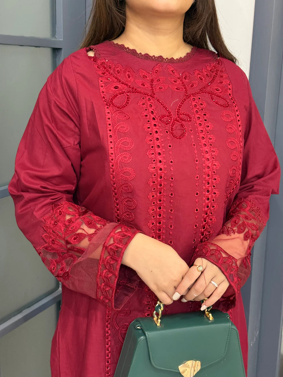 UMS-188 Embroidered Maroon Kurta Set