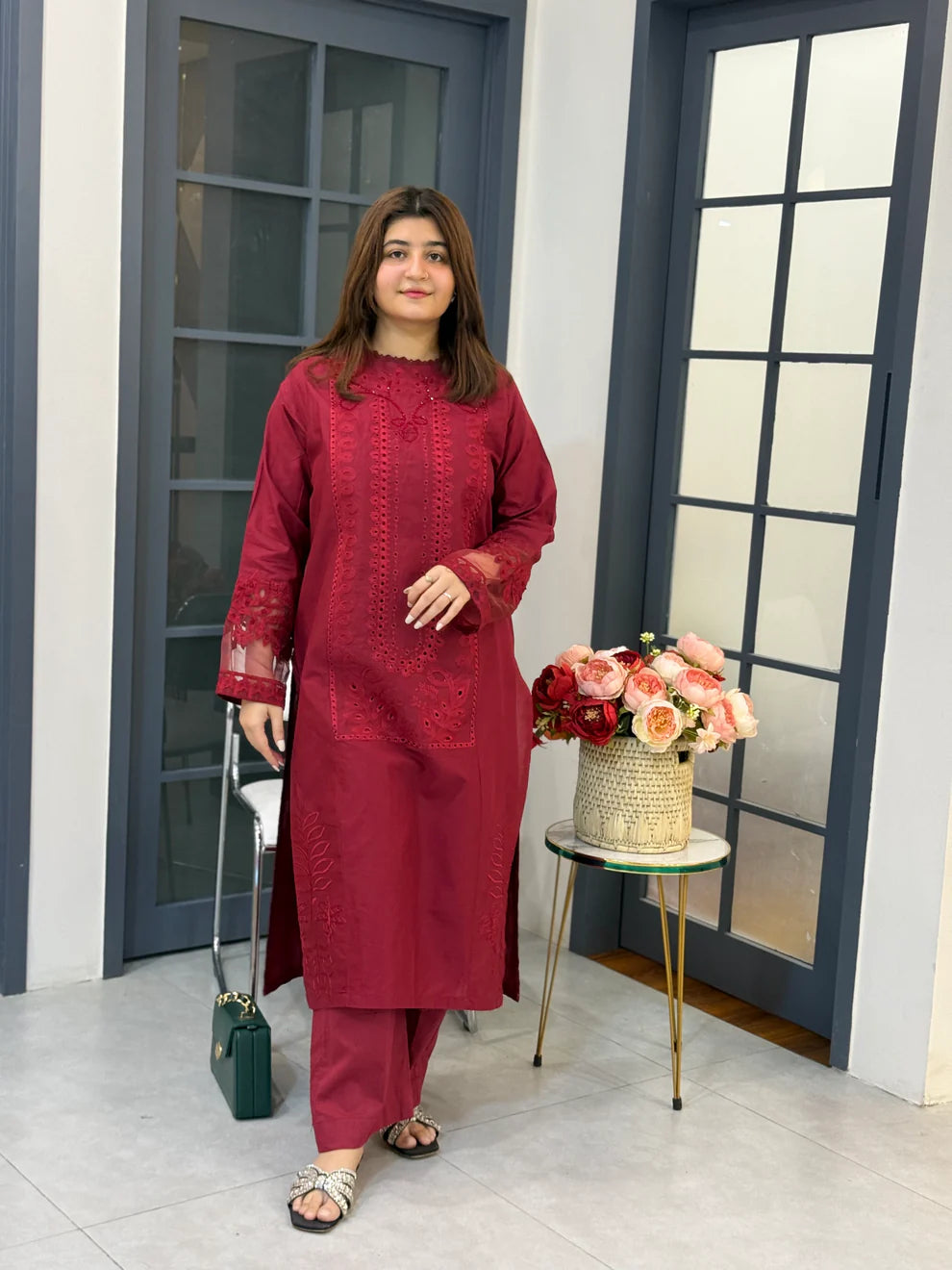 UMS-188 Embroidered Maroon Kurta Set