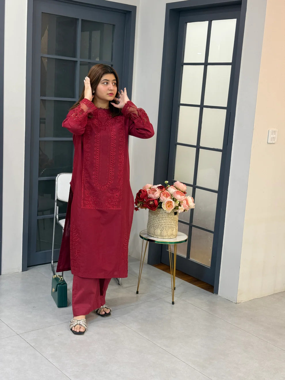 UMS-188 Embroidered Maroon Kurta Set