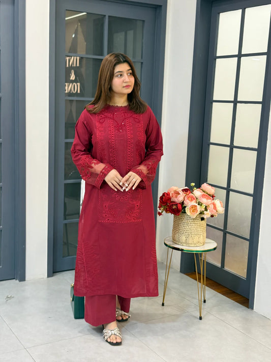 UMS-188 Embroidered Maroon Kurta Set