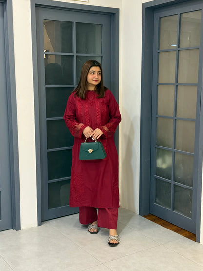 UMS-188 Embroidered Maroon Kurta Set