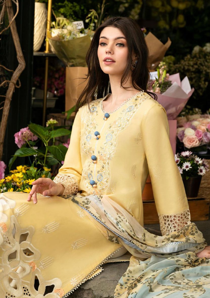 3PC Elegance in Bloom: Pastel Yellow Embroidered Kurta with Floral Cutwork Hem