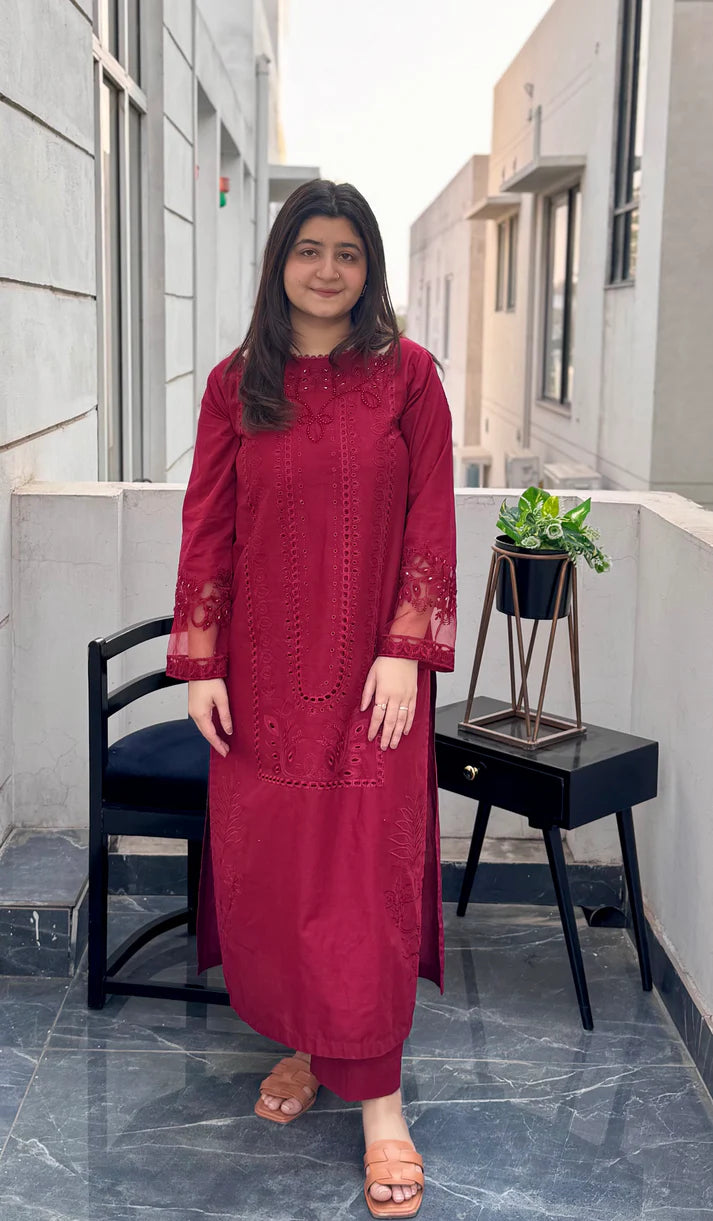 UMS-188 Embroidered Maroon Kurta Set