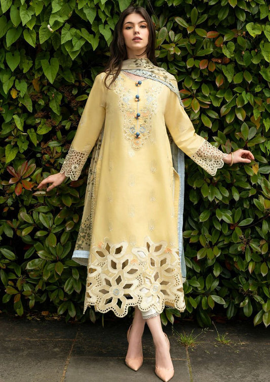 3PC Elegance in Bloom: Pastel Yellow Embroidered Kurta with Floral Cutwork Hem