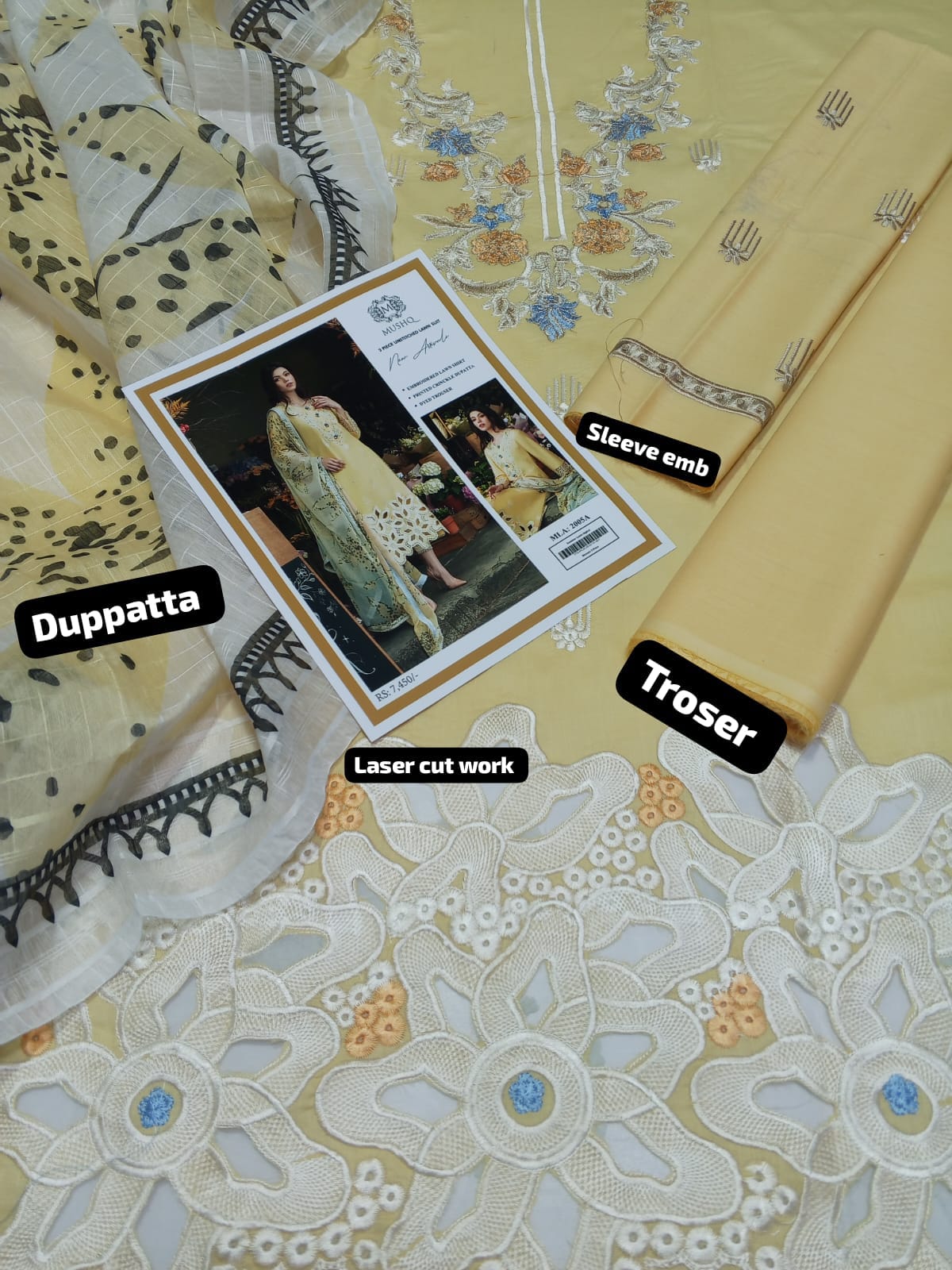 3PC Elegance in Bloom: Pastel Yellow Embroidered Kurta with Floral Cutwork Hem