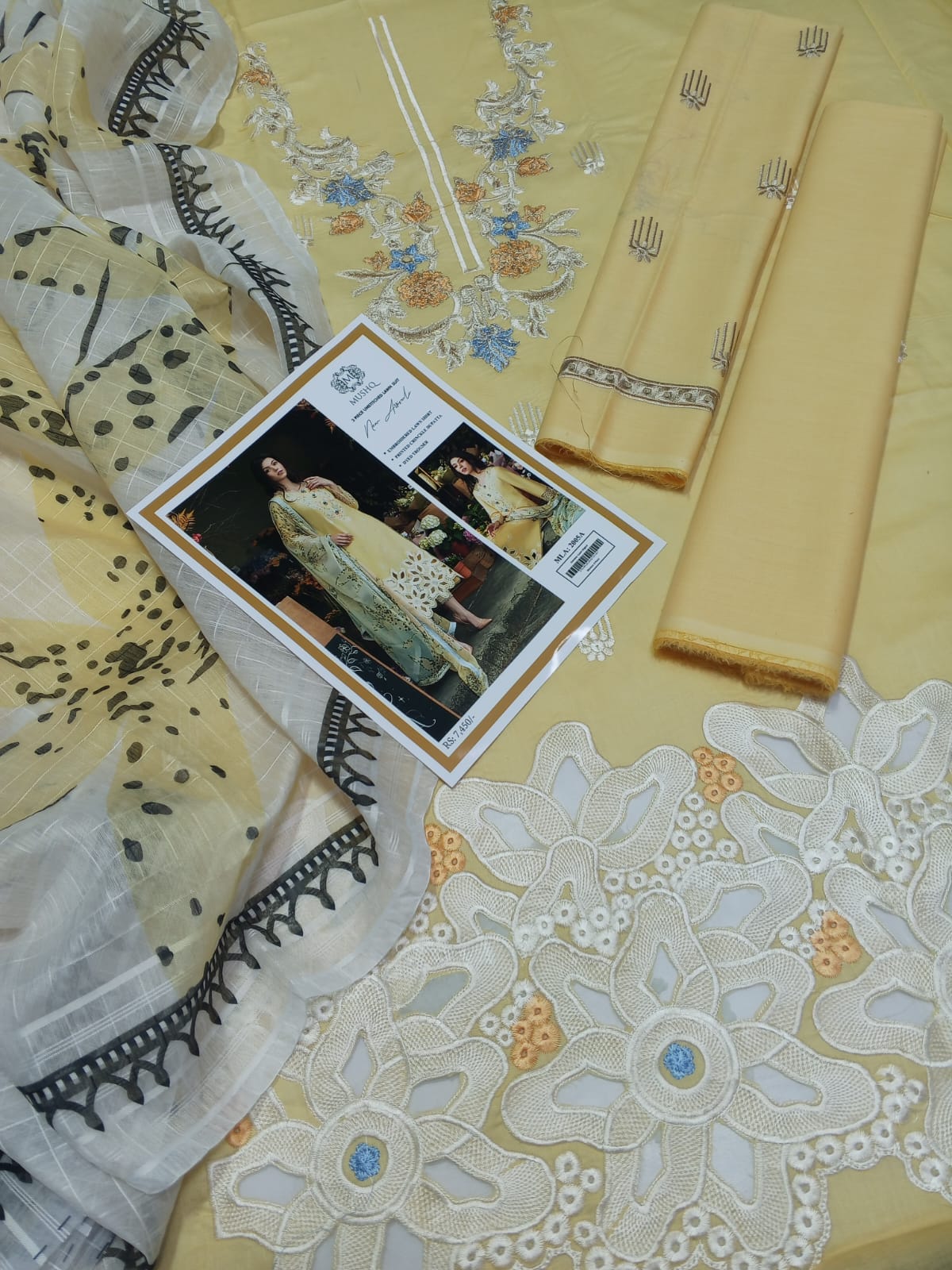 3PC Elegance in Bloom: Pastel Yellow Embroidered Kurta with Floral Cutwork Hem