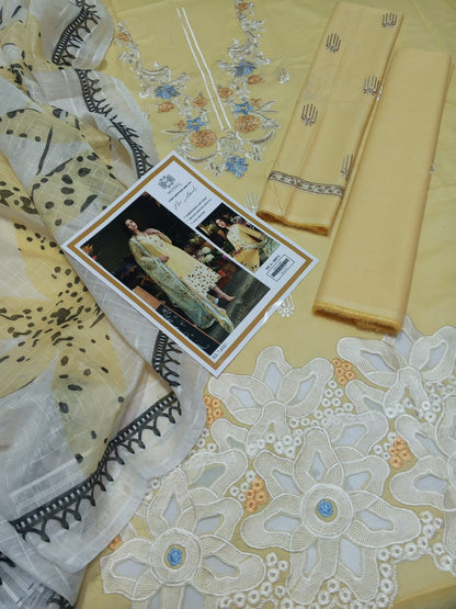 3PC Elegance in Bloom: Pastel Yellow Embroidered Kurta with Floral Cutwork Hem