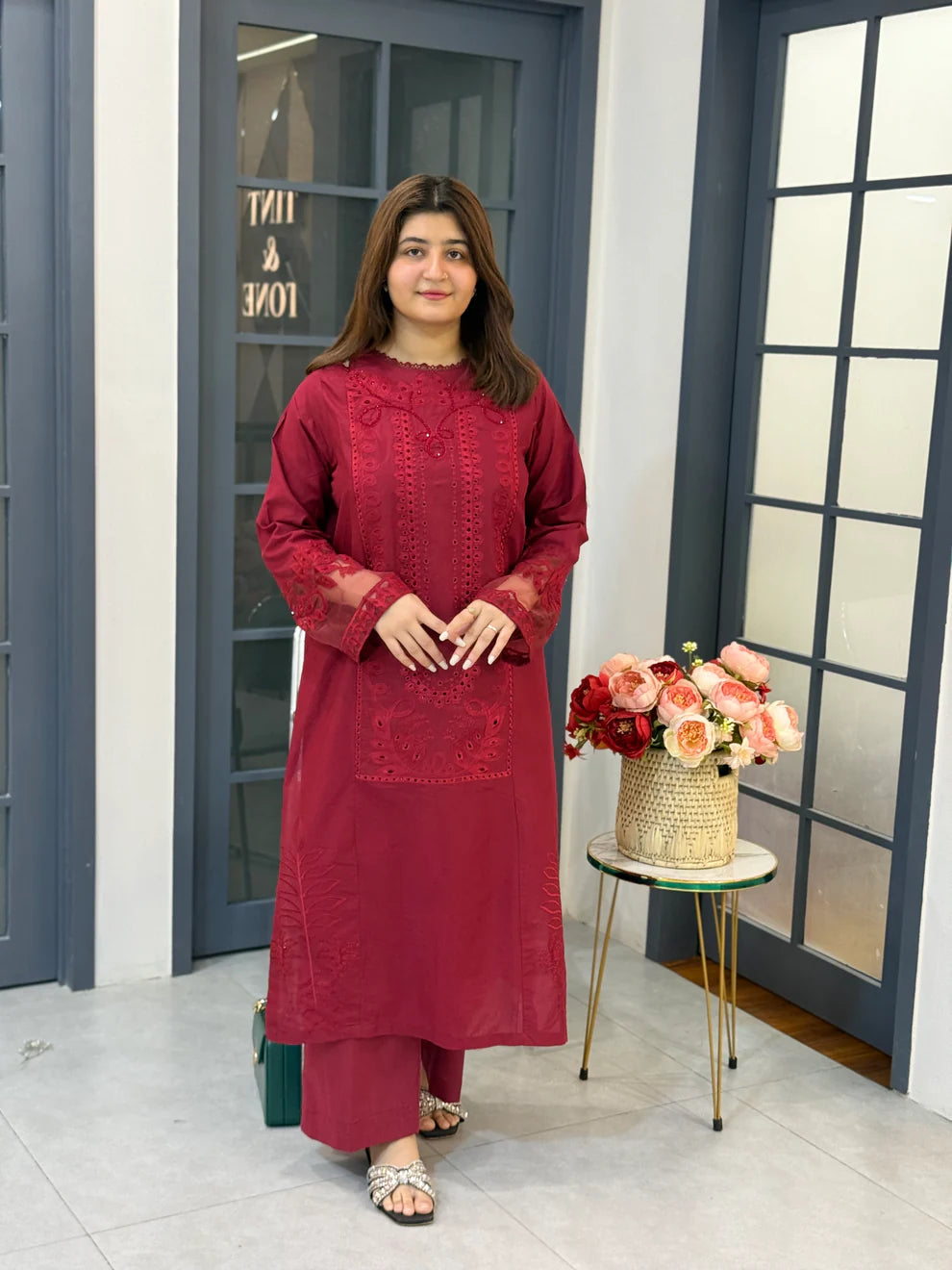 UMS-188 Embroidered Maroon Kurta Set