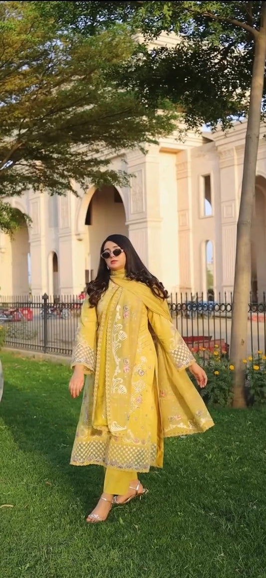 3 pc lawn Embroidery yellow